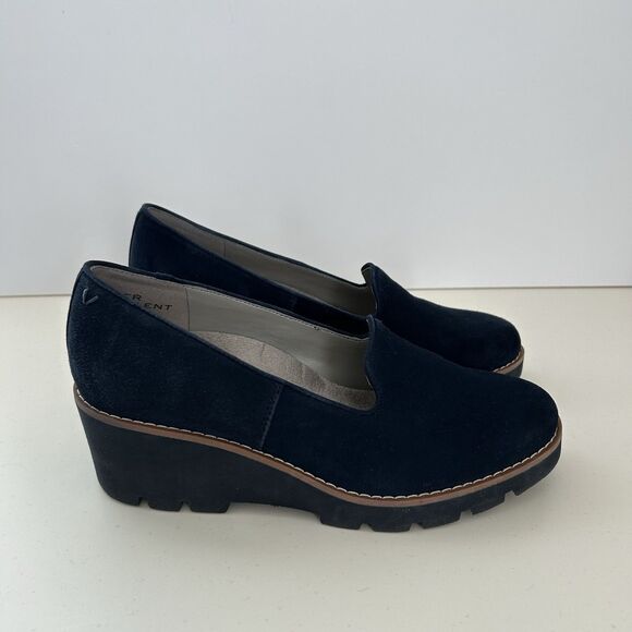 Vionic Willa Wedge Suede Leather Platform Loafers Shoes Womens Sz 8.5 Navy Blue - Picture 2 of 12